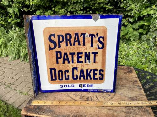Spratt's Dog Biscuit & Chicken Food Pet Shop Enamel Sign c1900s