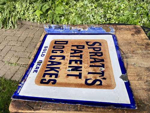Spratt's Dog Biscuit & Chicken Food Pet Shop Enamel Sign c1900s