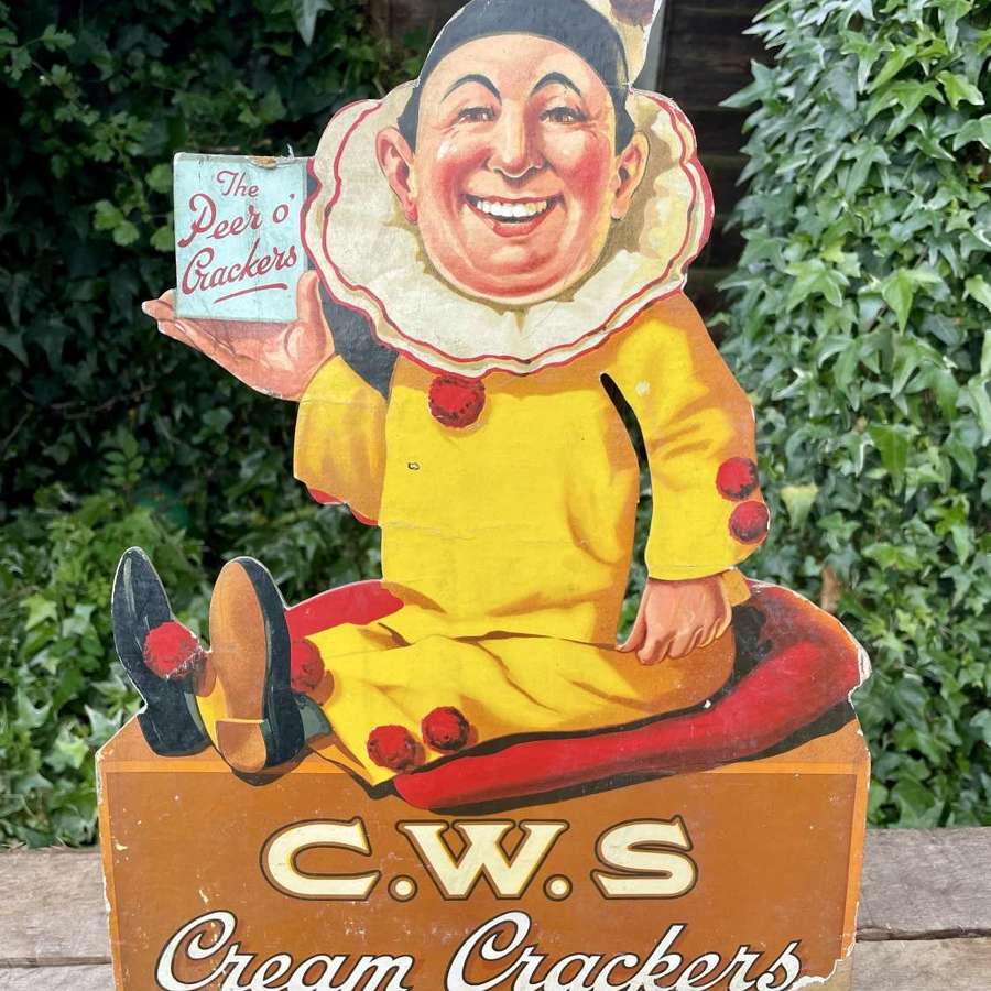 CWS Cream Crackers Biscuit Pierrot Advertising Die-Cut Card Sign c1920s