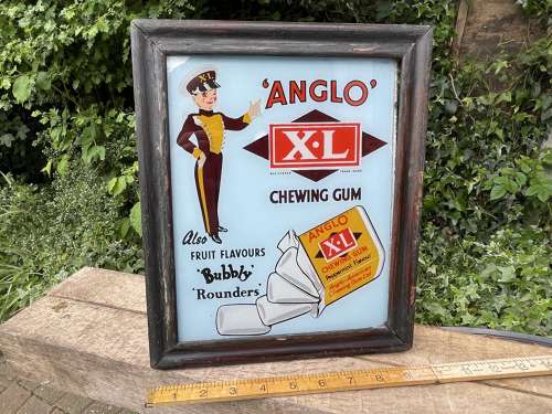Anglo XL Bubble Chewing Gum Glass Bellboy Advertising Sign c1930s