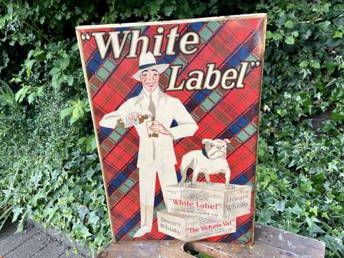 Dewars Sons London Perth Whisky White Label Celluloid Tin Sign c1930s
