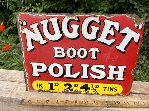 Small Nugget Boot Polish Double Sided Advertising Enamel Sign c1900s
