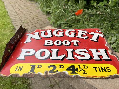 Small Nugget Boot Polish Double Sided Advertising Enamel Sign c1900s