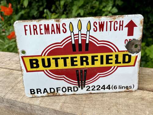 Butterfield Advertising Sign Makers Fireman Switch Emamel Sign c1920s
