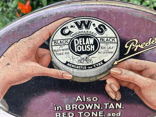 Edwardian CWS Boot Polish Shop Counter Display Tin & Brushes c1905