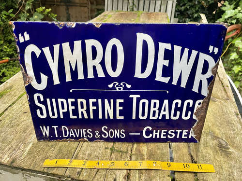 WT Davies Tobacco Old Mate Cymro Dewr Chester Wales Enamel Sign c1900s