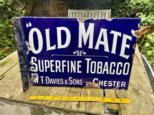 WT Davies Tobacco Old Mate Cymro Dewr Chester Wales Enamel Sign c1900s
