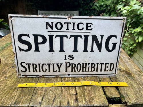 No Spitting Warning Sign Pub Station Football ground Enamel Sign c1900