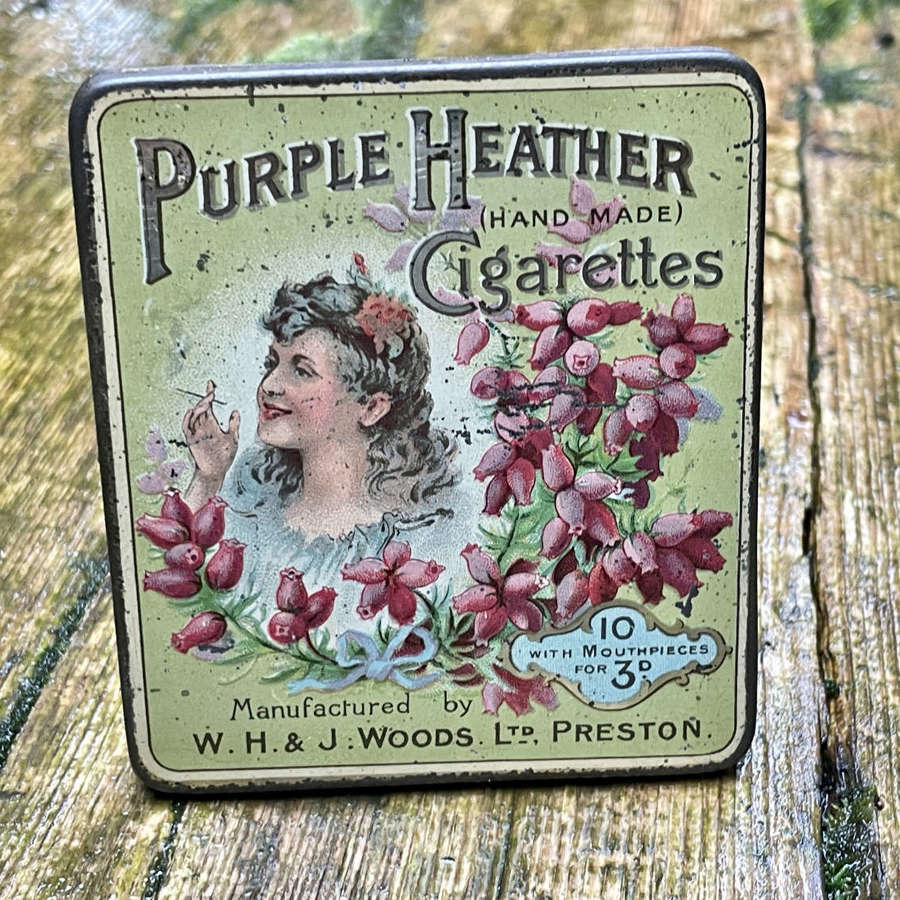 Wood's Preston Purple Heather Lady Image Flat 10 Cigarette tin c1900s