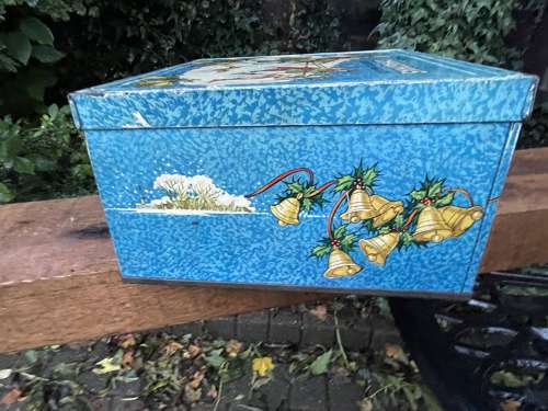 CWS Children pulling the Christmas Yule Log Biscuit Tin c1950s