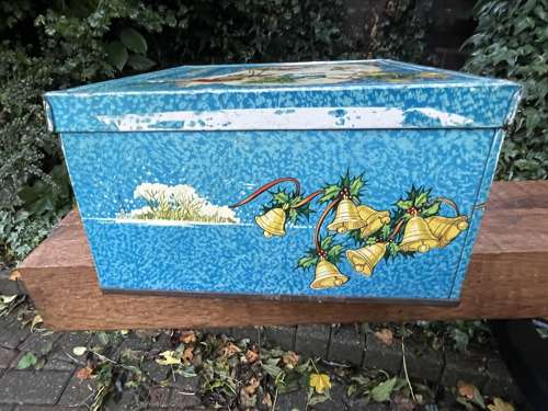 CWS Children pulling the Christmas Yule Log Biscuit Tin c1950s