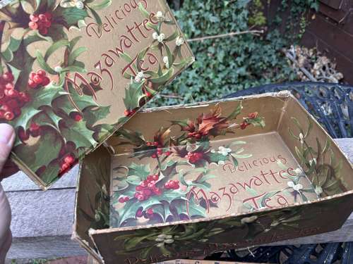 Victorian Holly Mazawattee Tea Christmas Advertising Shop Box c1900s