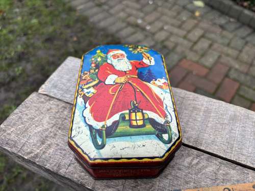 Blue Bird Santa Claus On his sleigh Christmas Toffee Tin c1930s