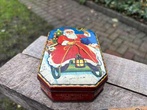 Blue Bird Santa Claus On his sleigh Christmas Toffee Tin c1930s
