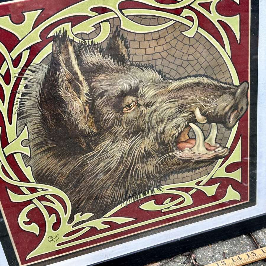 Boar's Head Wild Pig Hunting Chromolitho Sign - Framed c1910