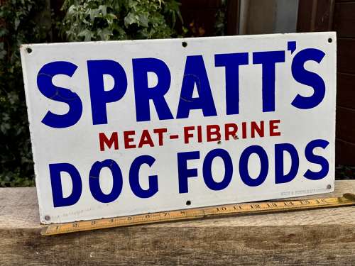 Spratt's Meat - Fibrine Dog Food Enamel Advertising Sign c1950s