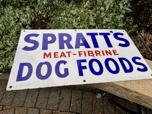Spratt's Meat - Fibrine Dog Food Enamel Advertising Sign c1950s