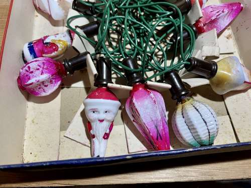 Early Santa Claus Glass Christmas Tree Lights in Box c1930s