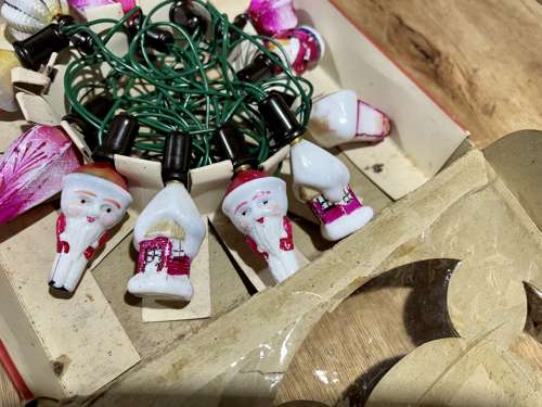 Early Santa Claus Glass Christmas Tree Lights in Box c1930s