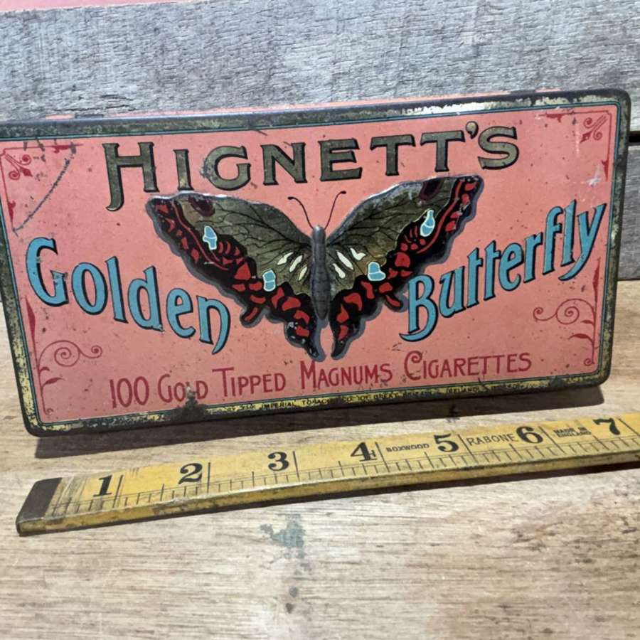 Hignett's Magnums Golden Butterfly 100 Gold Tip Cigarette Tin c1900s