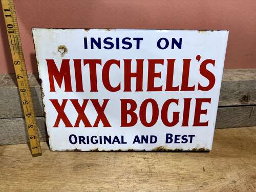 Mitchell's XXX Bogie Tobacco Shop Double Sided EnamelSign c1900s