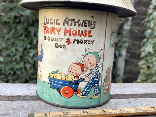 Crawford's Lucie Attwell Fairy Mushroom House Biscuit Tin c1920s
