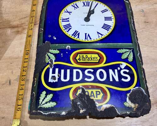 Hudson Soap We Close At Clock Shop Advertising Enamel Sign c1900s - Kitchen