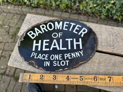 Barometer of Health Fair ground Weighing Scale Enamel Sign c1900s