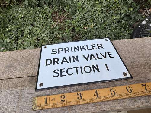 Small Fire Sprinkler Drain Valve Warning Sign c1920s