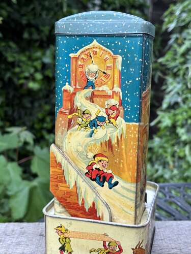Huntley & Palmers Christmas Elves Penny in the Slot Machine Biscuit Tin c1923