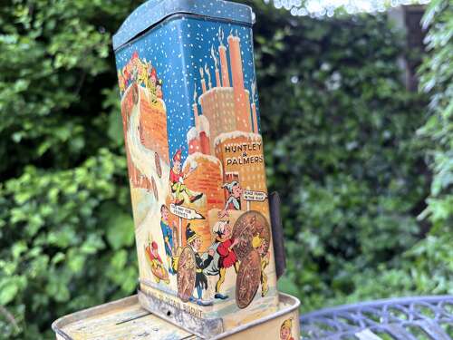 Huntley & Palmers Christmas Elves Penny in the Slot Machine Biscuit Tin c1923