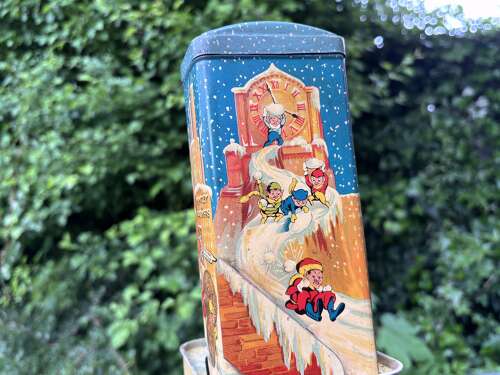 Huntley & Palmers Christmas Elves Penny in the Slot Machine Biscuit Tin c1923