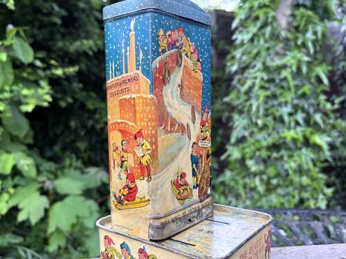 Huntley & Palmers Christmas Elves Penny in the Slot Machine Biscuit Tin c1923
