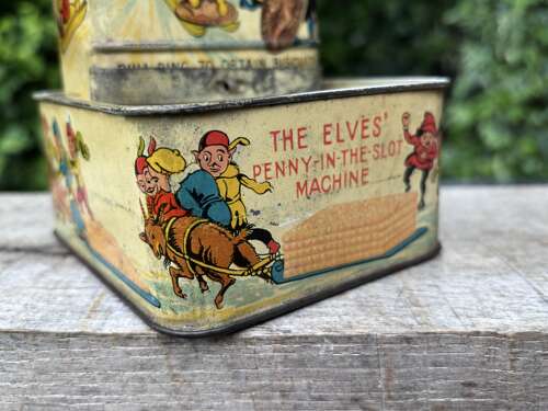 Huntley & Palmers Christmas Elves Penny in the Slot Machine Biscuit Tin c1923