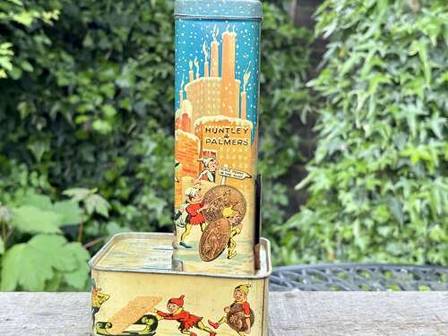 Huntley & Palmers Christmas Elves Penny in the Slot Machine Biscuit Tin c1923
