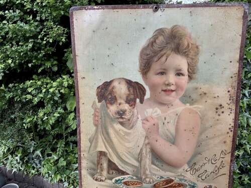 Victorian Carr's Biscuit Boy & Jack Russell Dog Tin Advertising Tin Sign c1890s