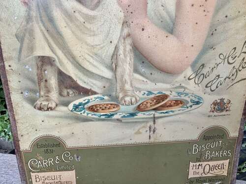 Victorian Carr's Biscuit Boy & Jack Russell Dog Tin Advertising Tin Sign c1890s