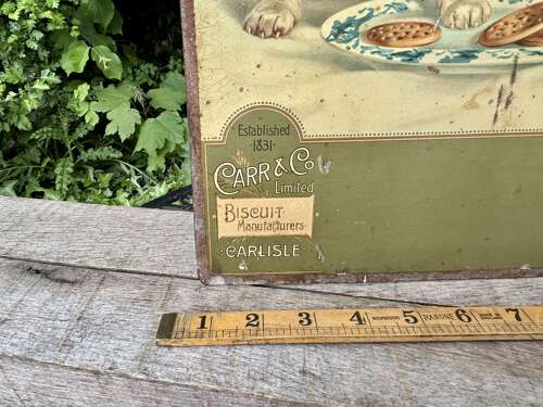 Victorian Carr's Biscuit Boy & Jack Russell Dog Tin Advertising Tin Sign c1890s