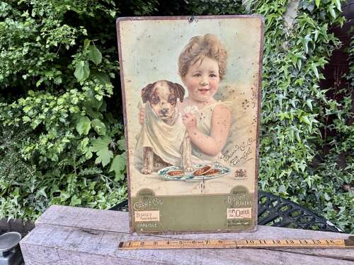 Victorian Carr's Biscuit Boy & Jack Russell Dog Tin Advertising Tin Sign c1890s