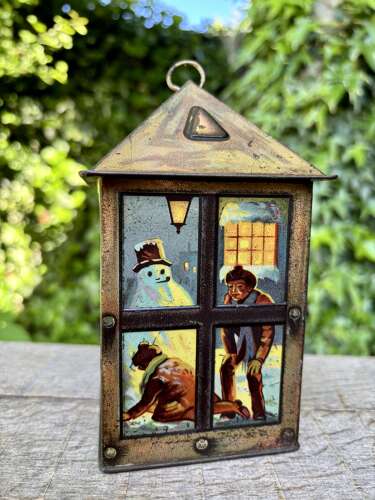 Early Lyons Christmas Lantern Shaped Toffee Tin c1920s - Snow Men