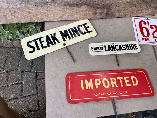 Group of Butchers Grocery Price Spikes Signs Tin, Enamel , Celluloid. c1900-50s