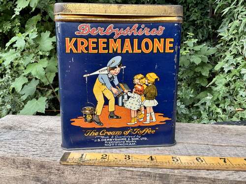 Superb Derbysire's Kreemalone Children Playing 4lb Toffee Tin c1920s