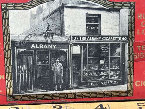 F. L. Smith Albany Cigarette Company London Shop Image Cigarette Tin c1900s