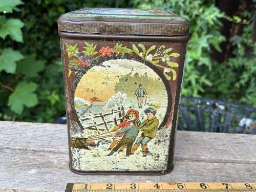 Victorian Christmas Children Sleighing Red Cross Lozenges Tin c1890s