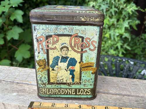 Victorian Christmas Children Sleighing Red Cross Lozenges Tin c1890s
