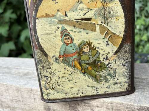 Victorian Christmas Children Sleighing Red Cross Lozenges Tin c1890s
