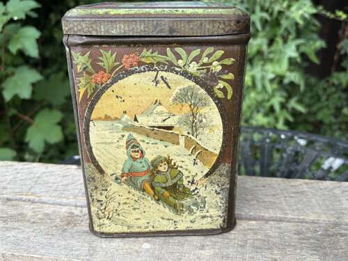 Victorian Christmas Children Sleighing Red Cross Lozenges Tin c1890s