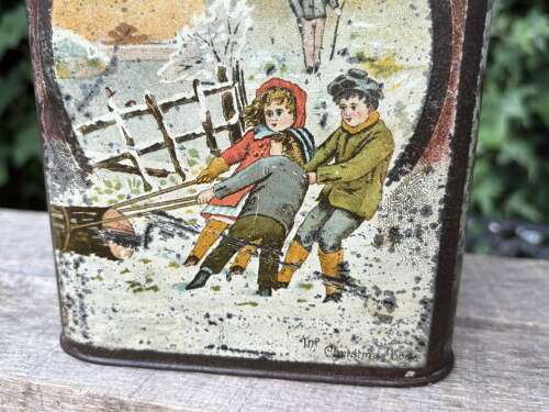 Victorian Christmas Children Sleighing Red Cross Lozenges Tin c1890s
