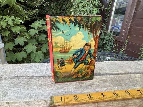 Treasure Island Book Shaped Toffee Tin Money Bank Box c1950s