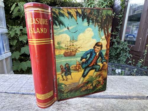 Treasure Island Book Shaped Toffee Tin Money Bank Box c1950s